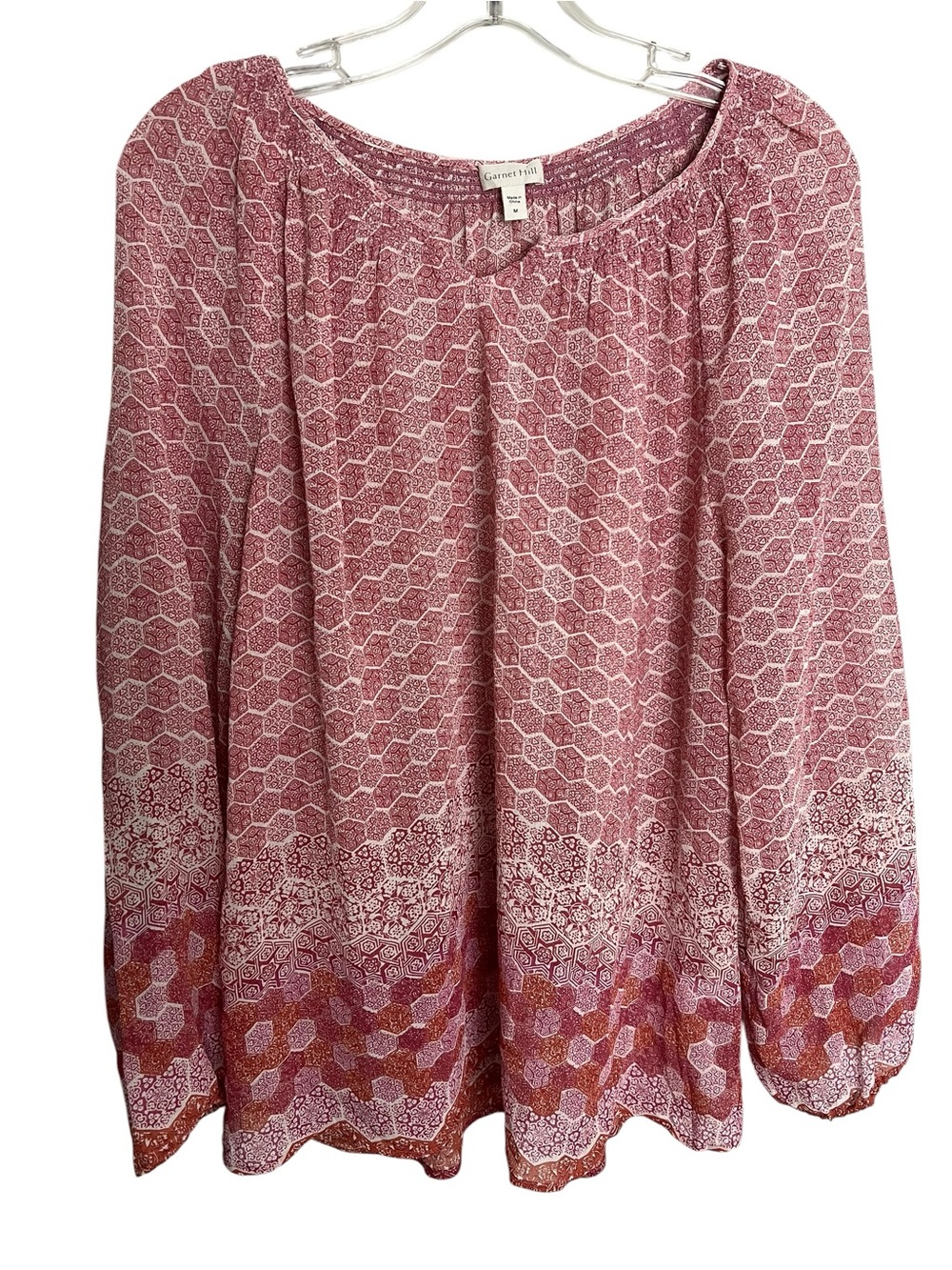 Garnet Hill 100% Silk Blouse Tunic Pink Red Medium Boho Peasant Balloon Sleeve